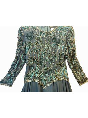 VTG Ted Lapidus Paris Beaded Gown Dress, Green Gold Embellished Formal Sz 16 M/L